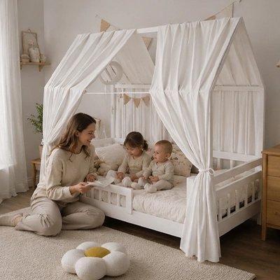 Ciel de lit enfant avec bébé et maman à coté