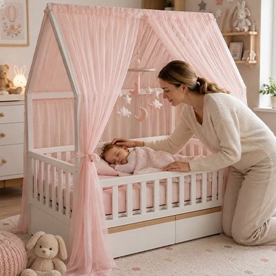 Ciel de lit enfant rose habillage garnd lit
