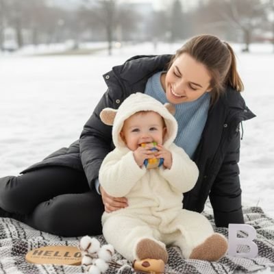 Combinaison hiver pour bebe assis dans la neige avec maman