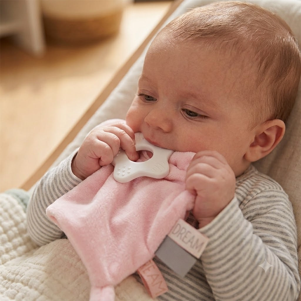 doudou bébé avec anneau dentition que bebe machouille