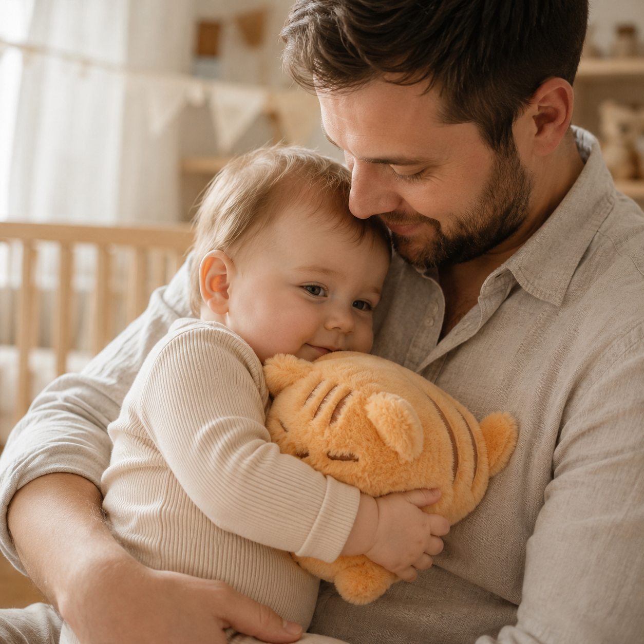 doudou bebe chat brun orange calin avec papa