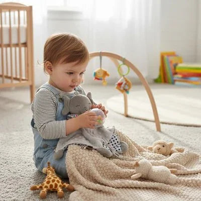 Doudou bebe dans les bras de l'enfant sur le sol