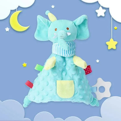 Doudou éléphant bleu pour bébé, en peluche, décoré d'étiquettes colorées, fond nuit