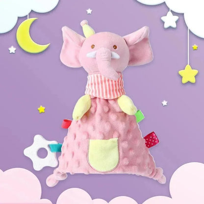 Doudou bébé éléphant rose en peluche avec étiquette sensorielle et tétine, décor étoilé