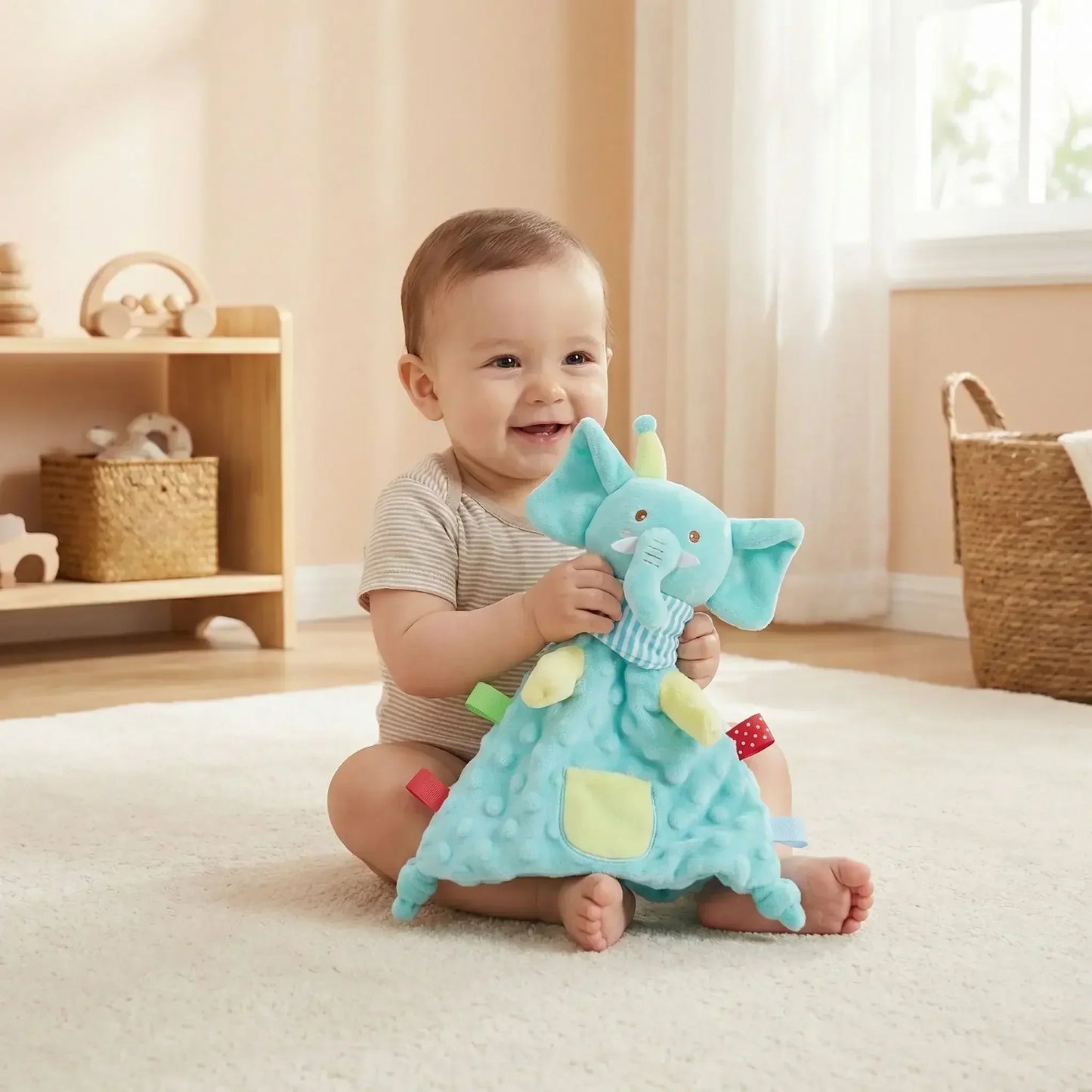 Bébé souriant assis avec un doudou éléphant turquoise sur un tapis dans une chambre lumineuse