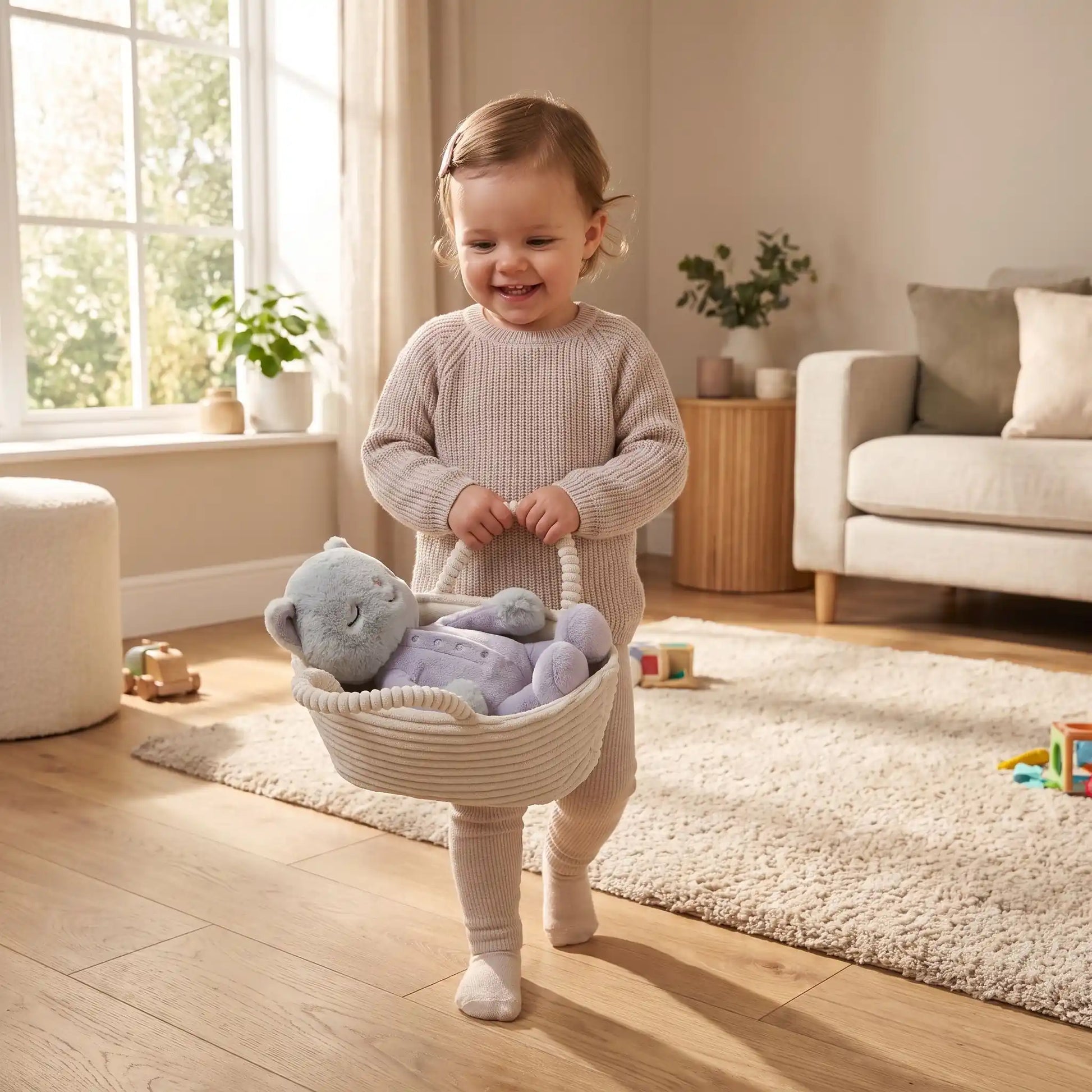 doudou chat dans panier avec bebe qui marche