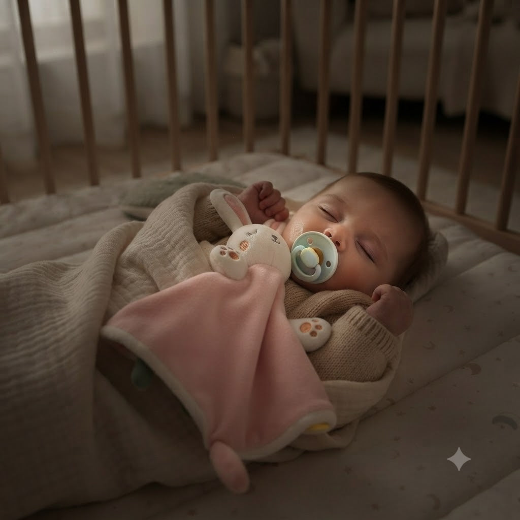 doudou lapin rose a cote de bebe qui dort avec tétine