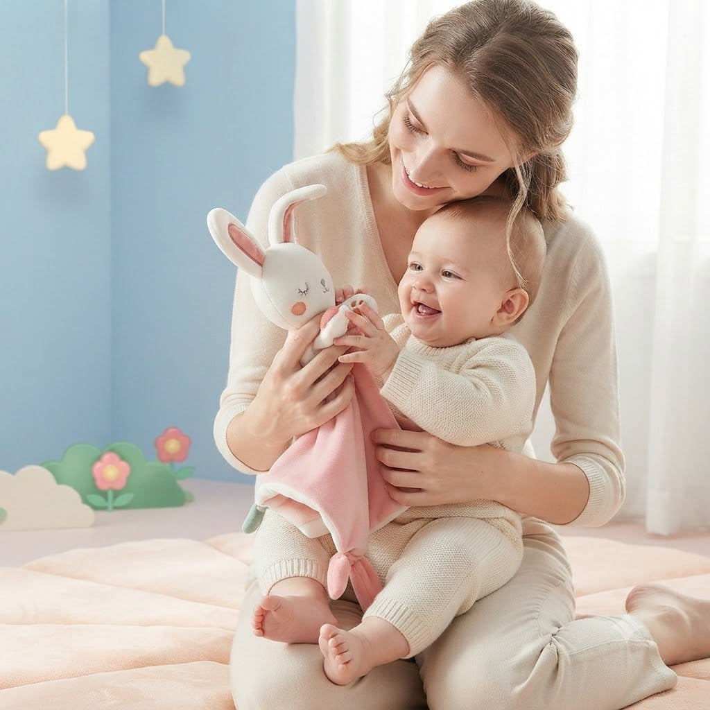 doudou lapin rose avec bebe et maman qui s'amuse