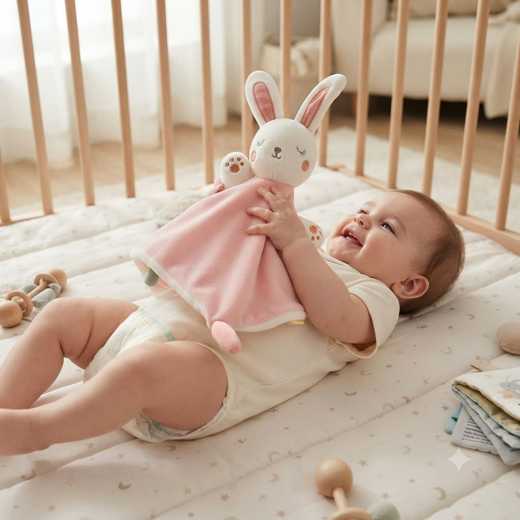 doudou lapin rose avec bebe qui joue