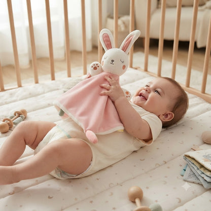 doudou lapin rose avec bebe qui joue