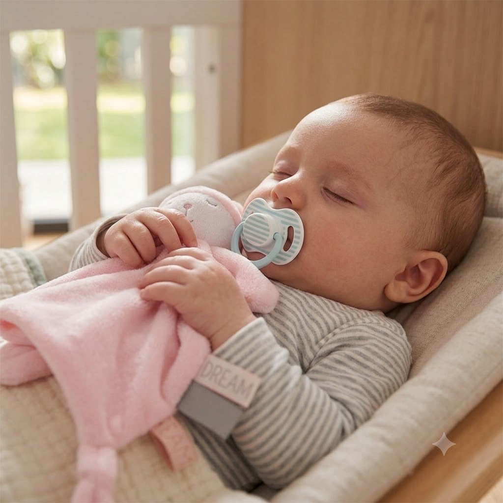 doudou lapin rose rassure bebe qui dort paisiblement