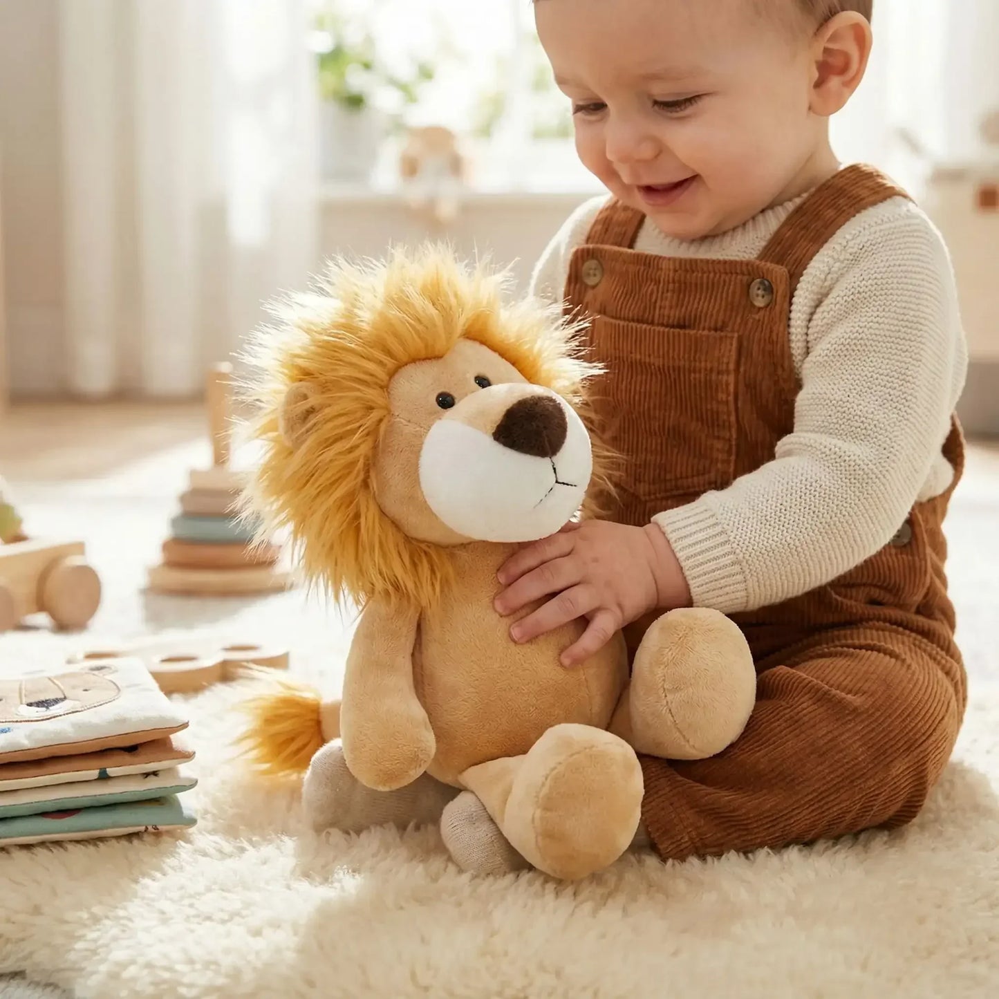 Bébé souriant tenant un doudou lion peluche doux sur un tapis de chambre enfant.