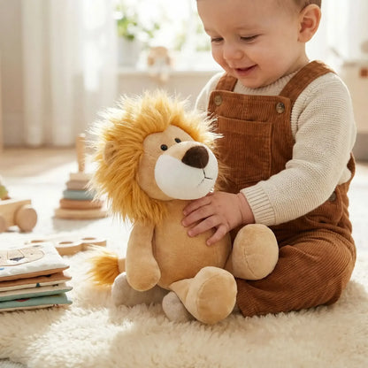 Bébé souriant tenant un doudou lion peluche doux sur un tapis de chambre enfant.