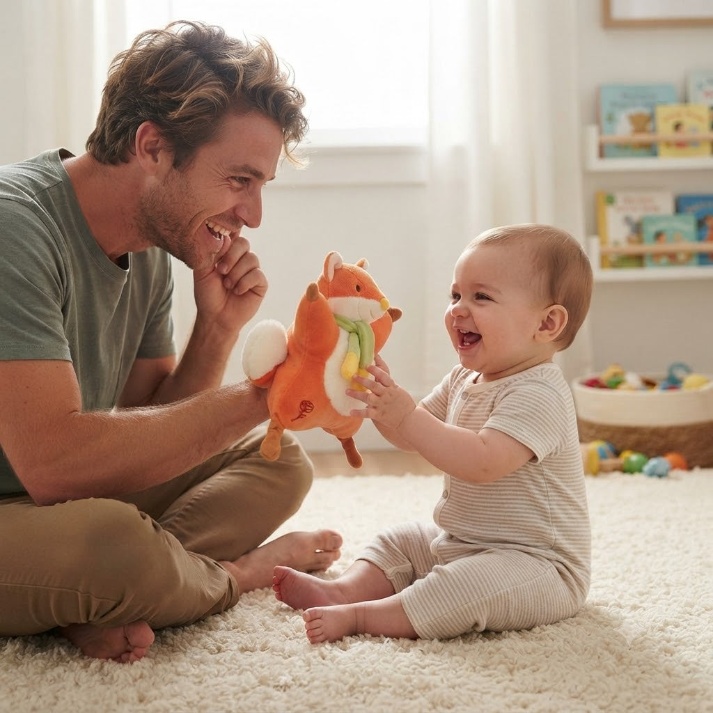 doudou marionnette renard orange avec bébé et papa