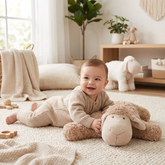 Bébé souriant avec doudou mouton pour éveil et confort, idéal cadeau de naissance - Nanoukid