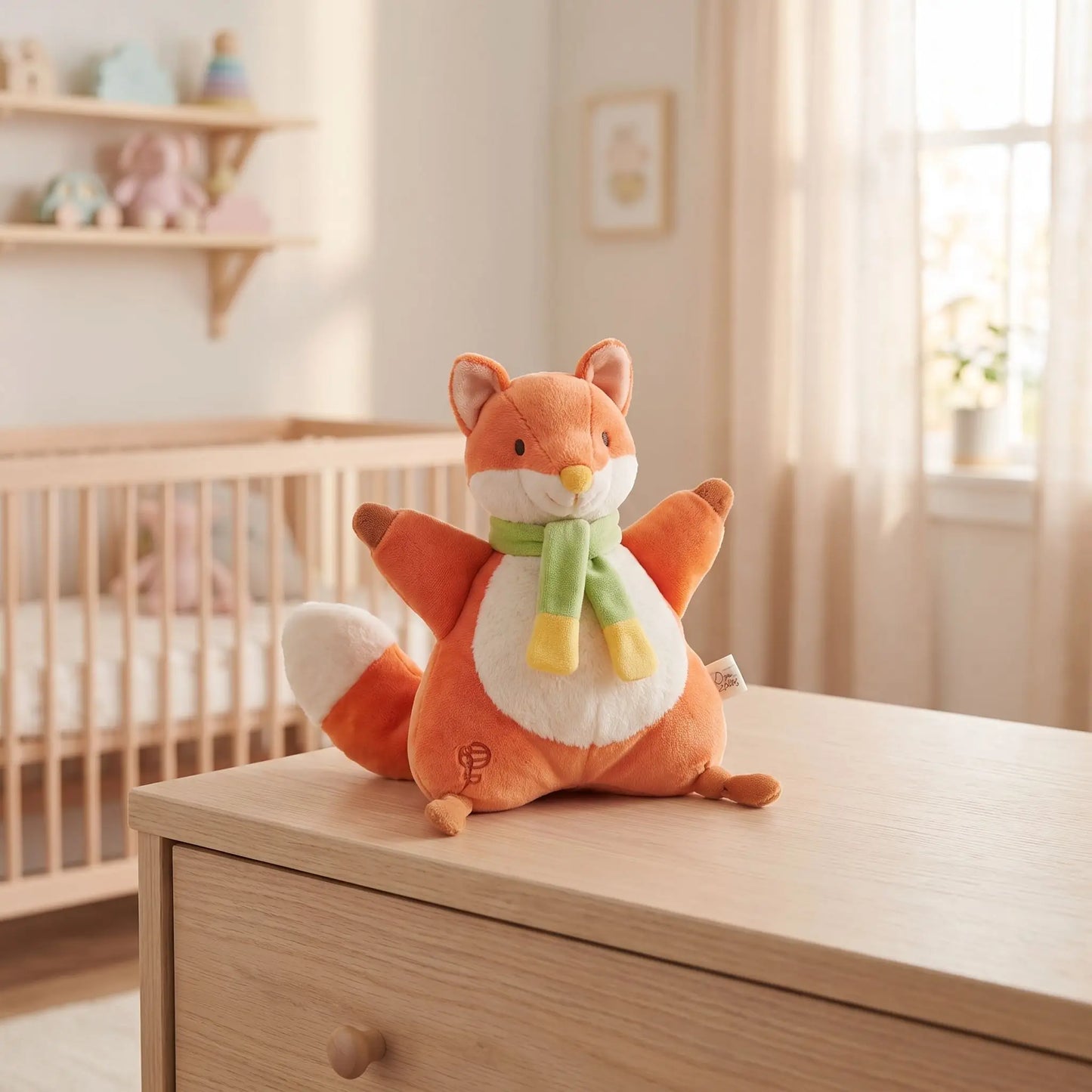 doudou renard bébé orange pose sur commode