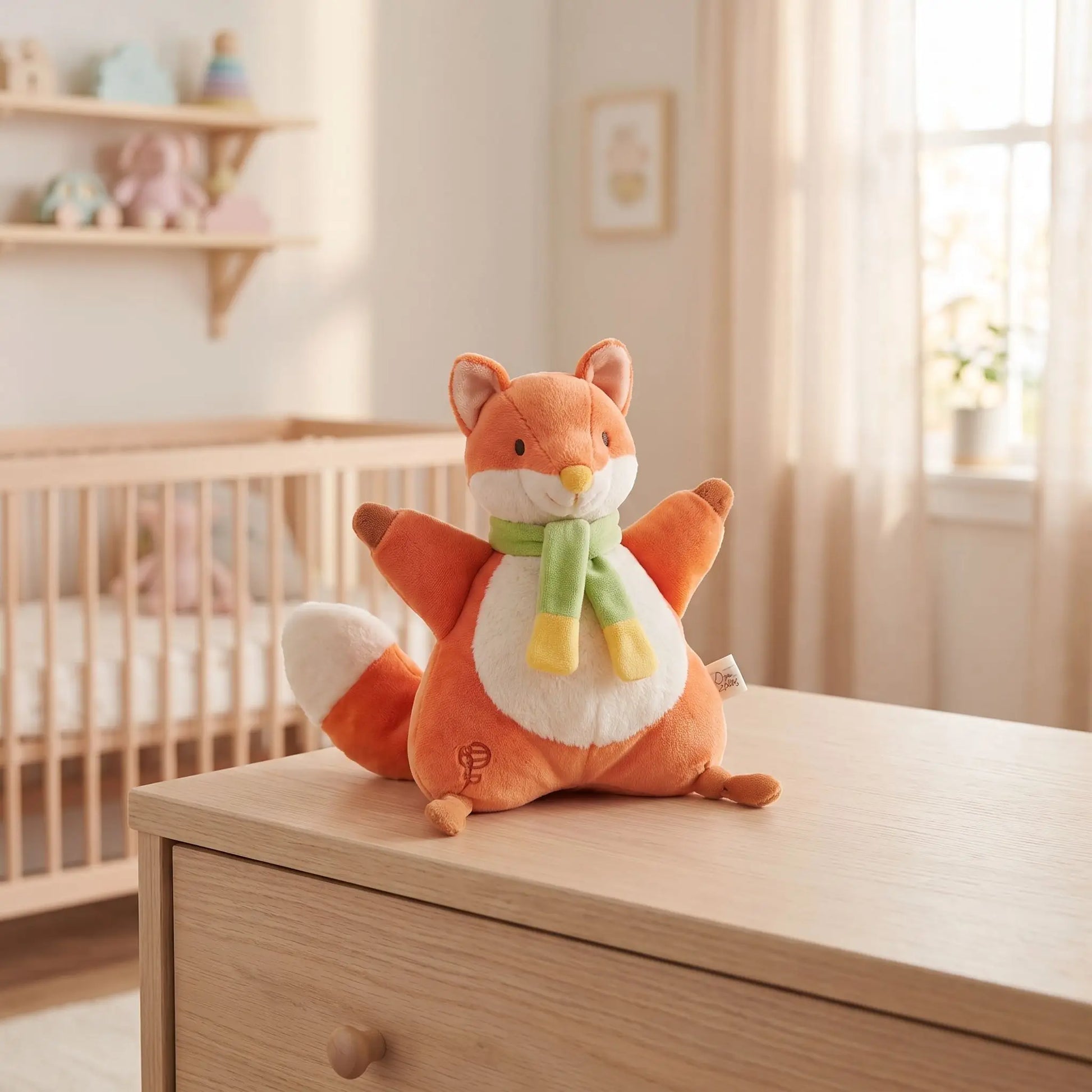 doudou renard bébé orange pose sur commode