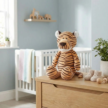 Doudou tigre en peluche posé sur une commode dans une chambre de bébé paisible
