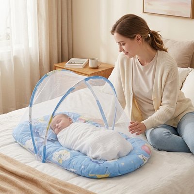 Lit moustiquaire bebe  bleu avec bébé qui dort