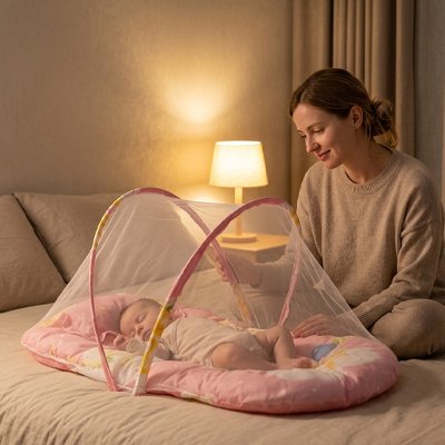 Lit moustiquaire bebe  sur le lit de maman avec lumière tamisée