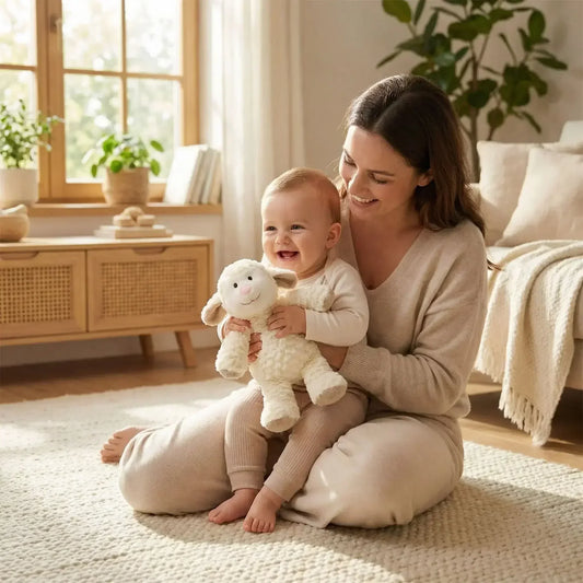 Maman et bébé souriant avec un doudou mouton blanc, moment câlin, confort et éveil – Nanoukid