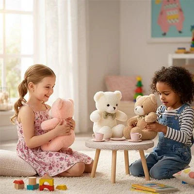 Ours en peluche avec 2 enfants qui jouent