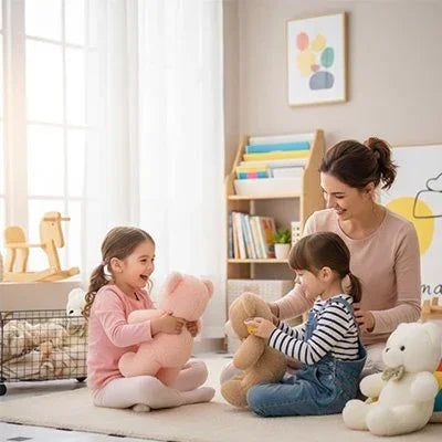 Ours en peluche avec 2 petites fille et maman