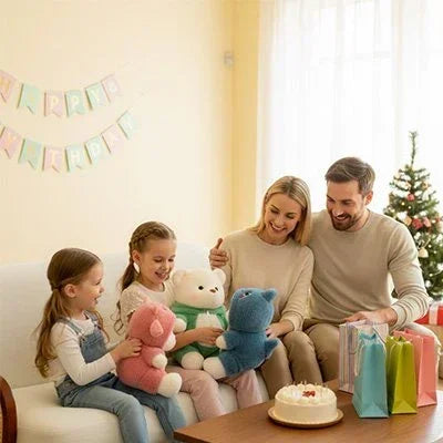 Ours en peluche avec des 2 enfants et des parents