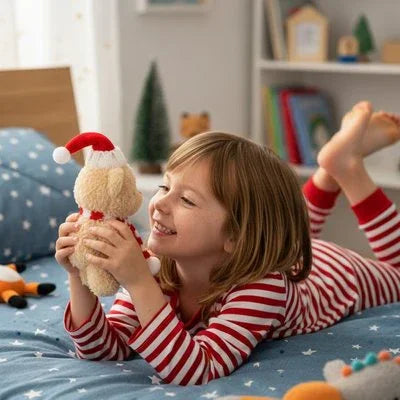 Ours en peluche avec son bonnet de noel et un enfant au pyjama rouge et blanc rayé
