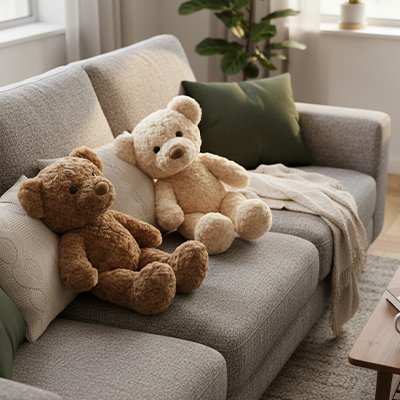 Ours en peluche  beige et marron posé sur canapé