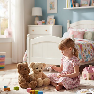 Ours en peluche brun et beige assis par terre dans la chambre d'une petite fille