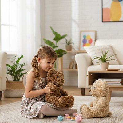 Ours en peluche dans les bras d'un enfant assis sur le sol