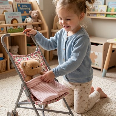 Ours en peluche mis dans une poussette bébé