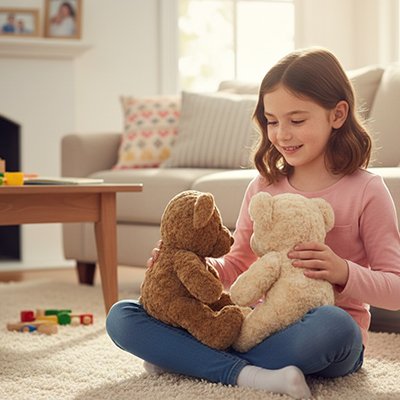 Ours en peluche sur le sol avec petite fille qui raconte à sa peluche