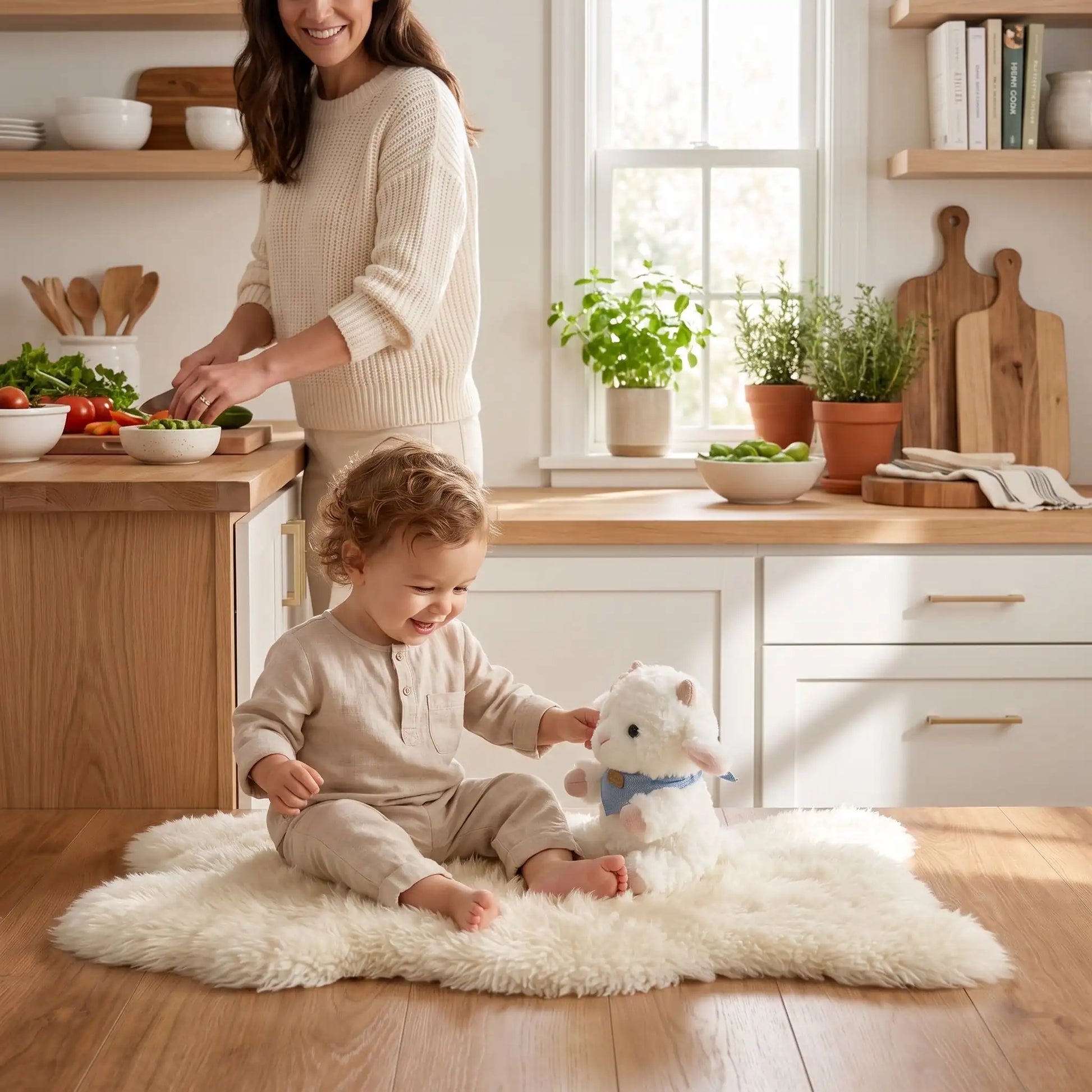 Bébé joue avec doudou mouton sur tapis doux, idéal cadeau naissance et éveil - Nanoukid