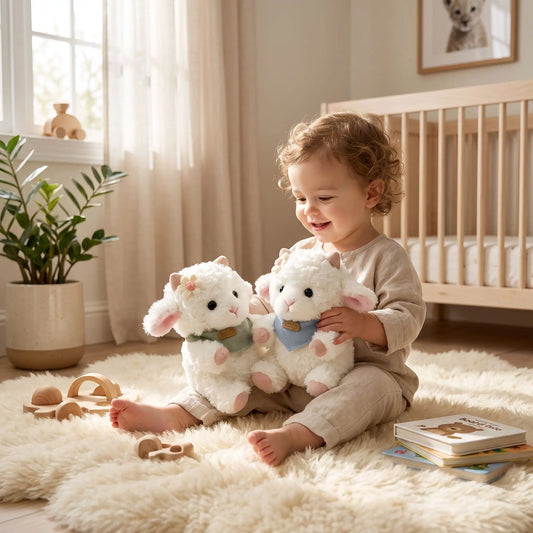 Bébé joue avec deux doudous moutons doux pour éveil et sommeil, idéal cadeau naissance - Nanoukid