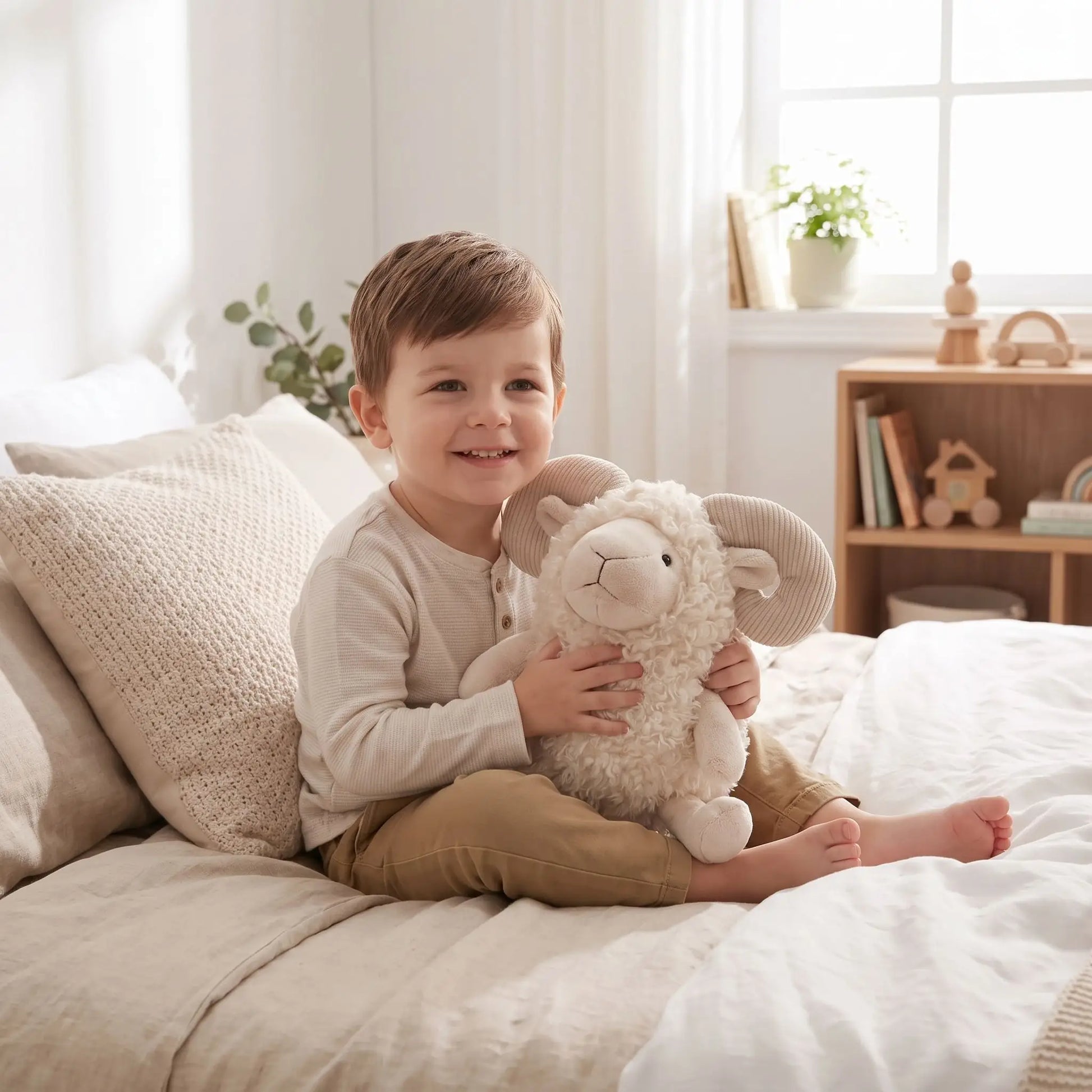 Petit garçon souriant avec doudou mouton doux pour le sommeil et l'éveil, idéal cadeau naissance - Nanoukid