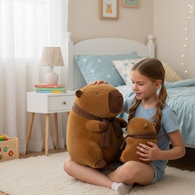 Peluche Capybara 2 tailles assis par terre avec l'enfant