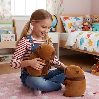 Peluche Capybara 2 tailles qui jouent avec petite filles en salopette en jeans