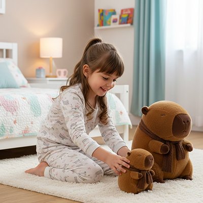 Peluche Capybara avec petite fille en pyjama
