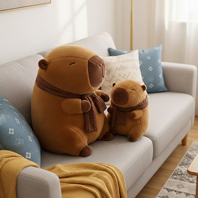 Peluche Capybara  petit et grand sur le canape