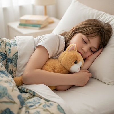 Peluche chat beige avec petite fille