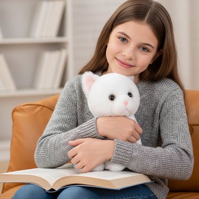 Peluche chat  blanc calin avec enfant