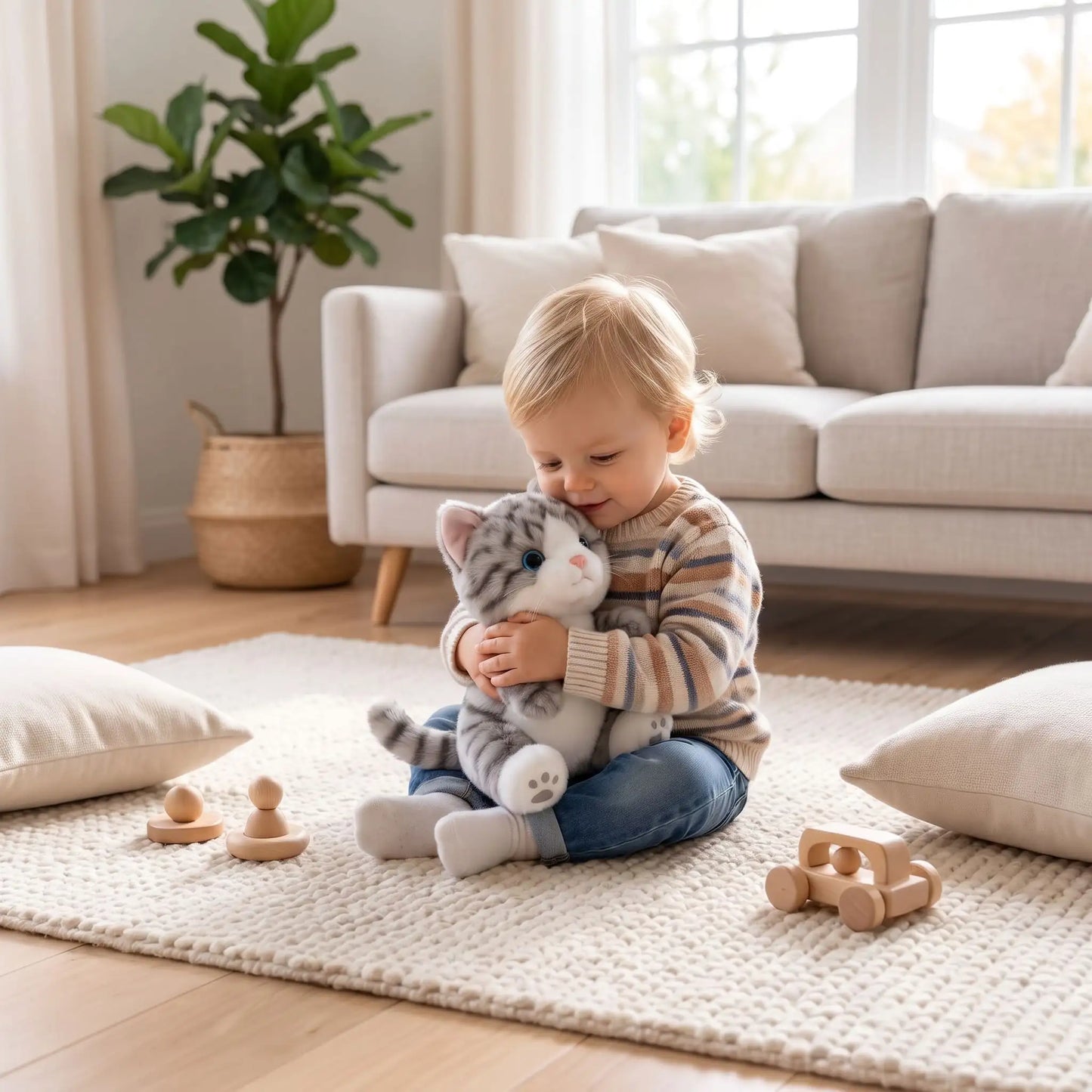 peluche chat gris adorable avec petit garçon