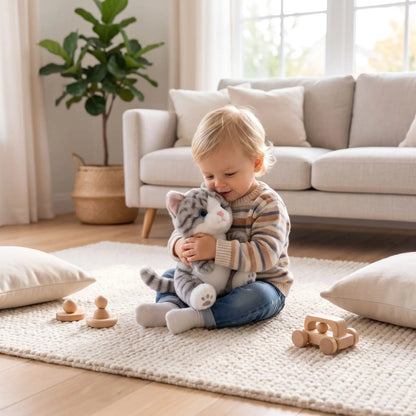 peluche chat gris adorable avec petit garçon