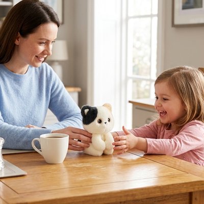 Peluche chat qui joue avec bébé et maman