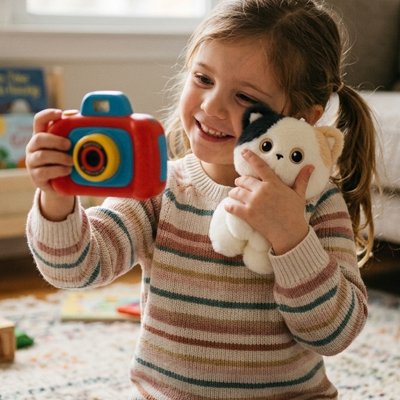 Peluche chat qui prend un selfie avec petite fille