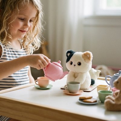 Peluche chat qui prends le thé avec un enfant