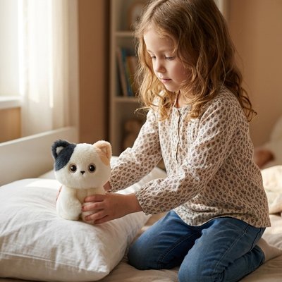 Peluche chat sur l oreiller de la petite fille