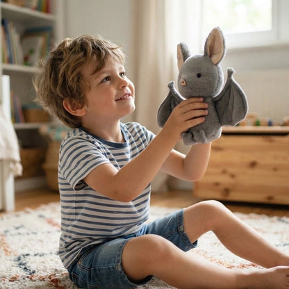 Peluche chauve souris grise avec petit garcon